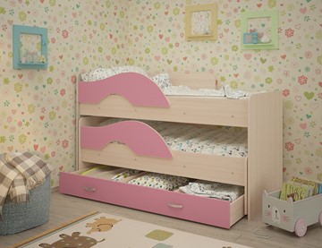 Детская 2-этажная кровать Радуга 1.6 с ящиком, корпус Млечный дуб, фасад Розовый в Махачкале