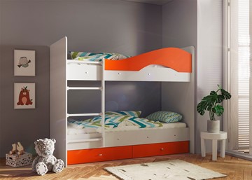 Кровать 2-ярусная Мая с 2 ящиками на щитах, корпус Млечный дуб, фасад Оранжевый в Махачкале