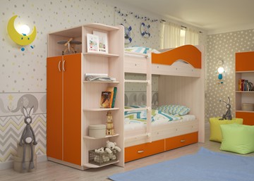 Двухэтажная детская кровать Мая на щитах со шкафом и ящиками, корпус Млечный дуб, фасад Оранжевый в Махачкале