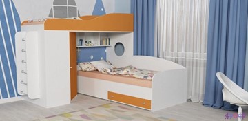 Детская кровать-шкаф Кадет-2 с металлической лестницей, корпус Белое дерево, фасад Оранжевый в Махачкале