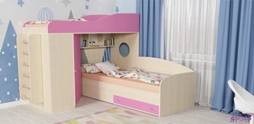 Детская кровать-шкаф Кадет-2 с металлической лестницей, корпус Дуб, фасад Розовый в Махачкале