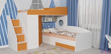 Детская кровать-шкаф Кадет-2 с универсальной лестницей, корпус Белое дерево, фасад Оранжевый в Махачкале