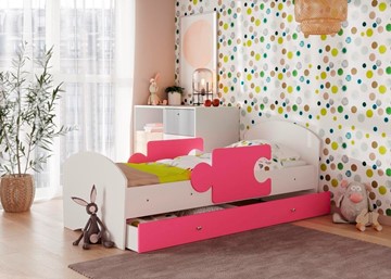 Кровать детская с ящиком и бортиками Мозайка, корпус Белый/фасад Розовый (ламели) в Махачкале