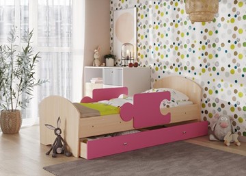Детская кровать с ящиком и бортиками Мозайка, корпус Млечный дуб/фасад Розовый (ламели) в Махачкале