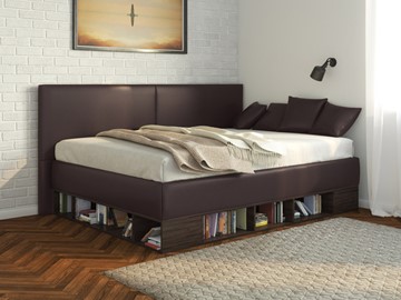 Детская 1,5-спальная кровать Lancaster 1, 120х200, ЛДСП венге, экокожа коричневая в Махачкале