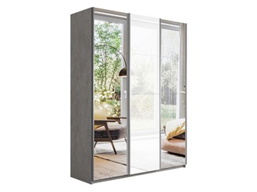 Шкаф 3-дверный Широкий Прайм (2 Зеркала / Стекло белое) 2400x570x2300, Бетон в Махачкале