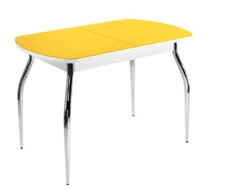Кухонный стол раскладной ПГ-02 СТ2, белое/желтое стекло/35 хром гнутые металл в Махачкале
