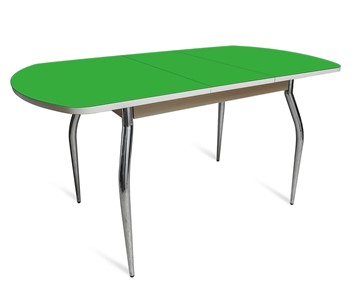 Обеденный раздвижной стол ПГ мини СТ2, дуб молочный/зеленое стекло/35 хром гнутые металл в Махачкале