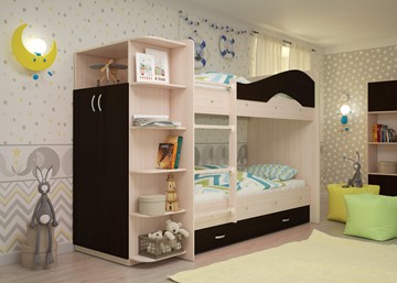 Детская двухэтажная кровать Мая на щитах со шкафом и ящиками, корпус Млечный дуб, фасад Венге в Махачкале - предосмотр
