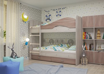 Детская 2-этажная кровать Мая с 2 ящиками на щитах, корпус Шимо светлый, фасад Шимо темный в Махачкале - предосмотр