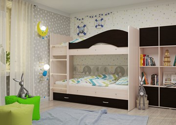 Детская  двухъярусная кровать Мая с 2 ящиками на щитах, корпус Млечный дуб, фасад Венге в Махачкале - предосмотр 1