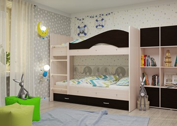 Детская двухэтажная кровать Мая на щитах со шкафом и ящиками, корпус Млечный дуб, фасад Венге в Махачкале - предосмотр 1