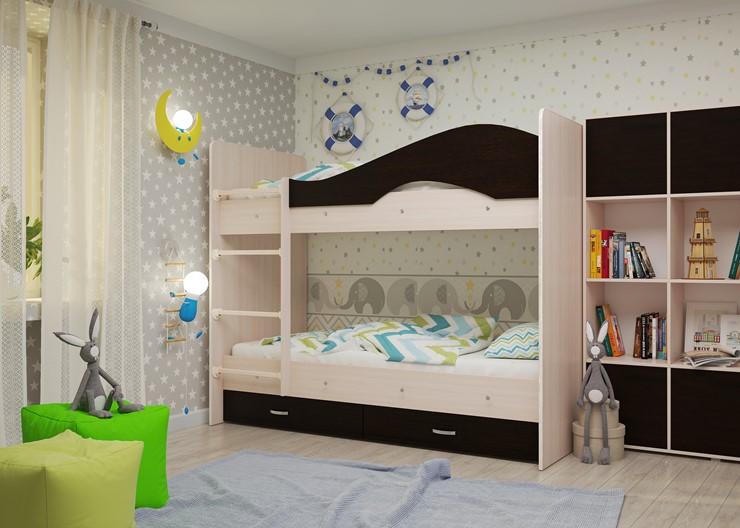 Детская двухэтажная кровать Мая на щитах со шкафом и ящиками, корпус Млечный дуб, фасад Венге в Махачкале - изображение 1