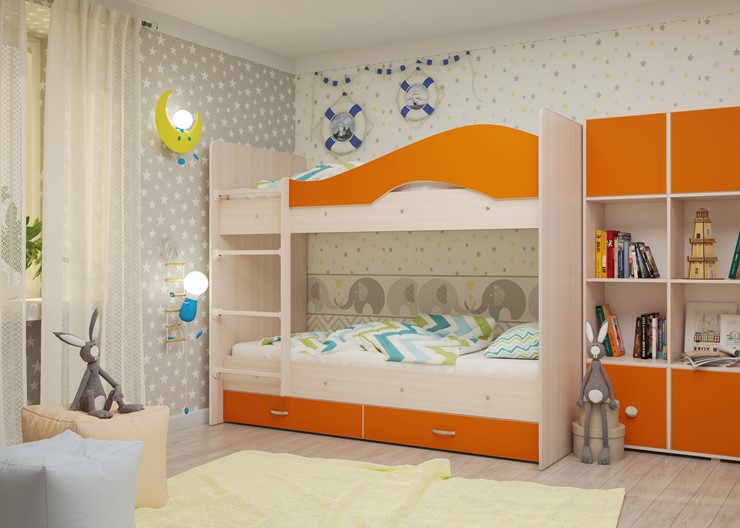 Кровать 2-ярусная Мая с 2 ящиками на щитах, корпус Млечный дуб, фасад Оранжевый в Махачкале - изображение 3