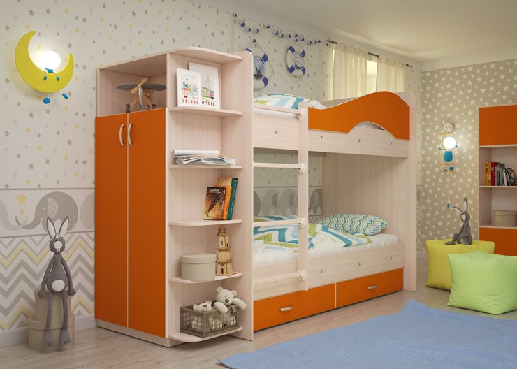 Кровать 2-ярусная Мая с 2 ящиками на щитах, корпус Млечный дуб, фасад Оранжевый в Махачкале - изображение 1