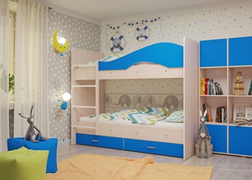 Двухэтажная кровать Мая с 2 ящиками на щитах, корпус Млечный дуб, фасад Синий в Махачкале - предосмотр 3