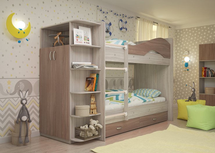 Детская 2-этажная кровать Мая с 2 ящиками на щитах, корпус Шимо светлый, фасад Шимо темный в Махачкале - изображение 1
