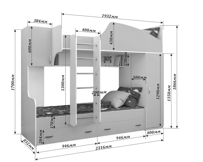 Двухэтажная детская кровать Юниор-2, каркас Белое дерево, фасад Лайм в Махачкале - изображение 1