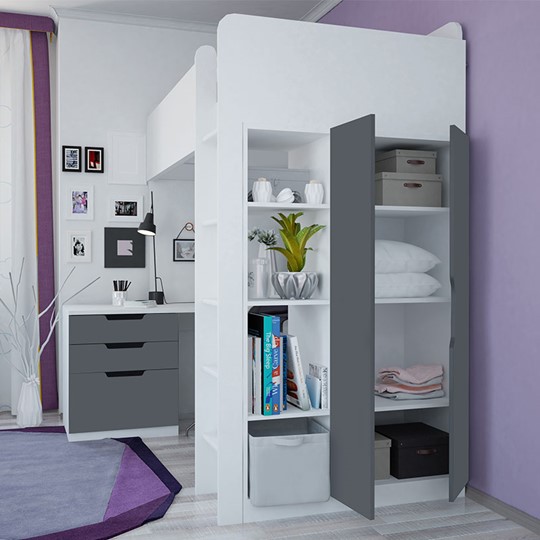 Кровать 2-х ярусная с письменным столом и шкафом POLINI Kids Simple Белый / Серый в Махачкале - изображение 1