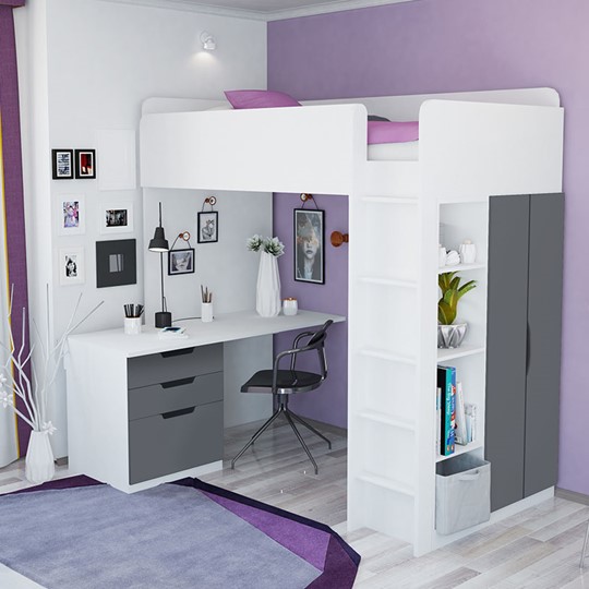 Кровать 2-х ярусная с письменным столом и шкафом POLINI Kids Simple Белый / Серый в Махачкале - изображение 3
