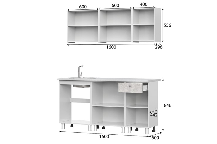 Гарнитур кухонный КГ-1 1600, белый/белый/цемент светлый/антарес в Махачкале - изображение 2