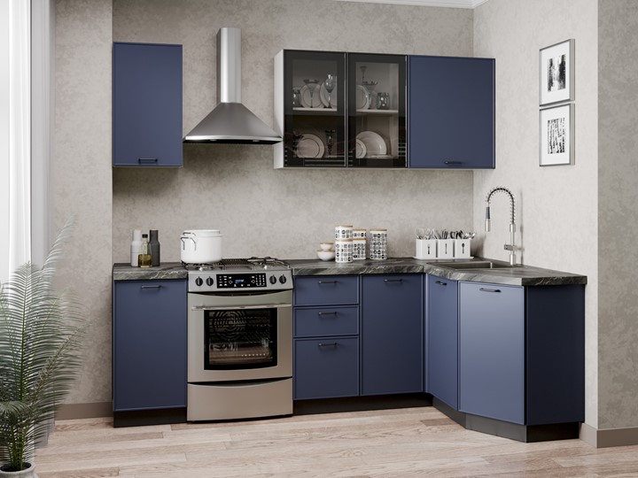 Гарнитур кухонный угловой 2400 Индиго, Белый/Темно-синий в Махачкале - изображение