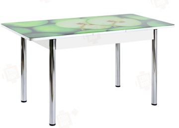 Кухонный стол раскладной Айсберг-02 СТФ, белое лдсп/зеленые яблоки/ноги хром прямые в Махачкале