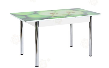 Кухонный раздвижной стол Айсберг-01 СТФ, белый/фотопечать зеленые яблоки/ноги хром круглые в Махачкале