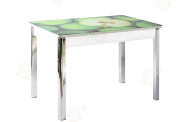Кухонный стол раздвижной Айсберг-01 СТФ, белый/фотопечать зеленые яблоки/ноги хром квадратные в Махачкале