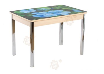 Кухонный стол раздвижной Айсберг-01 СТФ, дуб/фотопечать фиалка/ноги хром квадратные в Махачкале