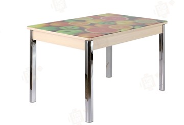 Кухонный раскладной стол Айсберг-01 СТФ, дуб/фотопечать фрукты/ноги хром квадратные в Махачкале