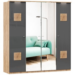 Шкаф 4х-дверный Фиджи с 2 зеркалами и декоративными накладками, Дуб золотой/Антрацит в Махачкале