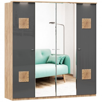 Шкаф 4х-дверный Фиджи с 2 зеркалами и декоративными накладками, Дуб золотой/Антрацит в Махачкале - изображение
