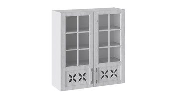 Навесной кухонный шкаф Прованс (Белый глянец/Санторини светлый) cо стеклом В_96-90_2ДРДс в Махачкале