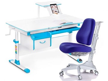Комплект растущая парта + стул Mealux EVO Evo-40 BL (арт. Evo-40 BL + Y-528 SB) / (стол+полка+кресло) / белая столешница / цвет пластика голубой в Махачкале